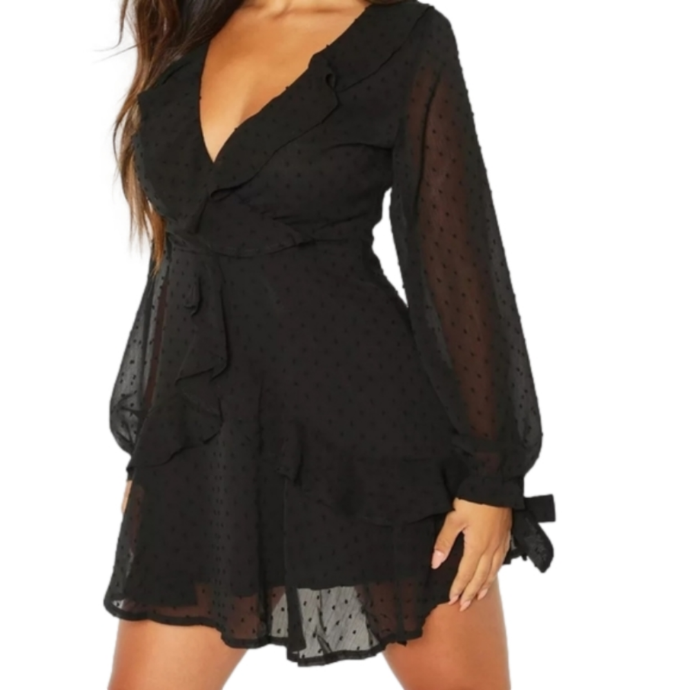 Boohoo Long Sleeve Dobby Mesh Ruffle Dress